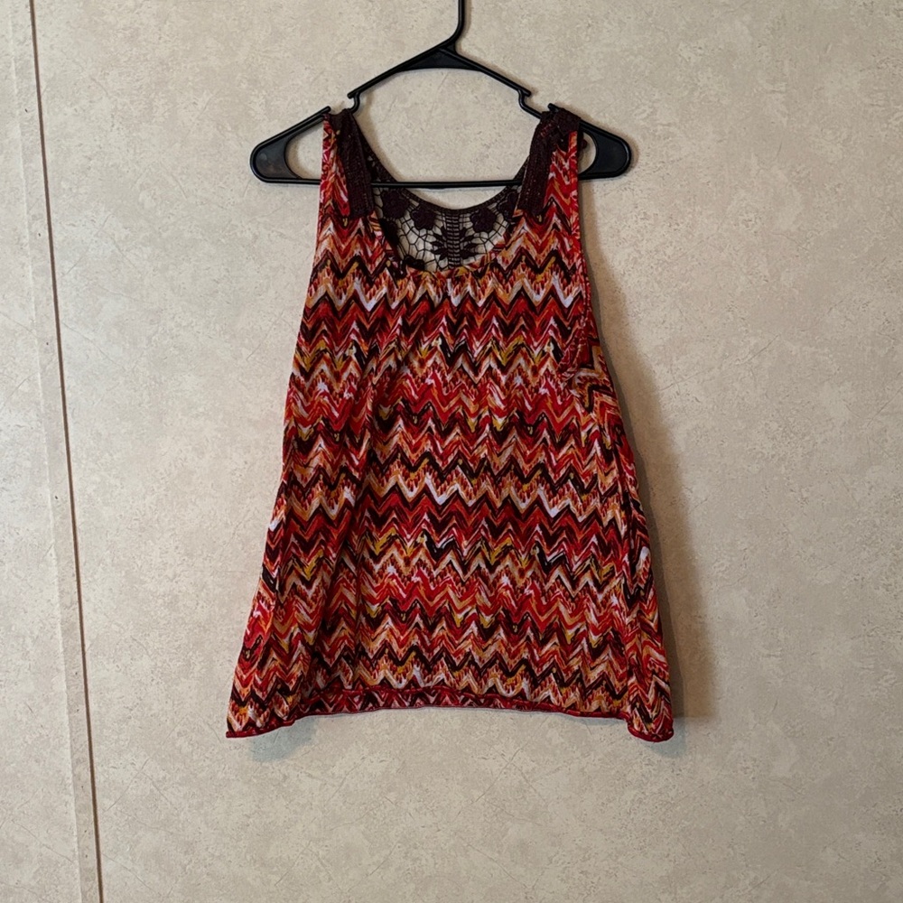 Cato Red and Orange Chevron Tank Top With Brown Lace Detailing Size 18/20W